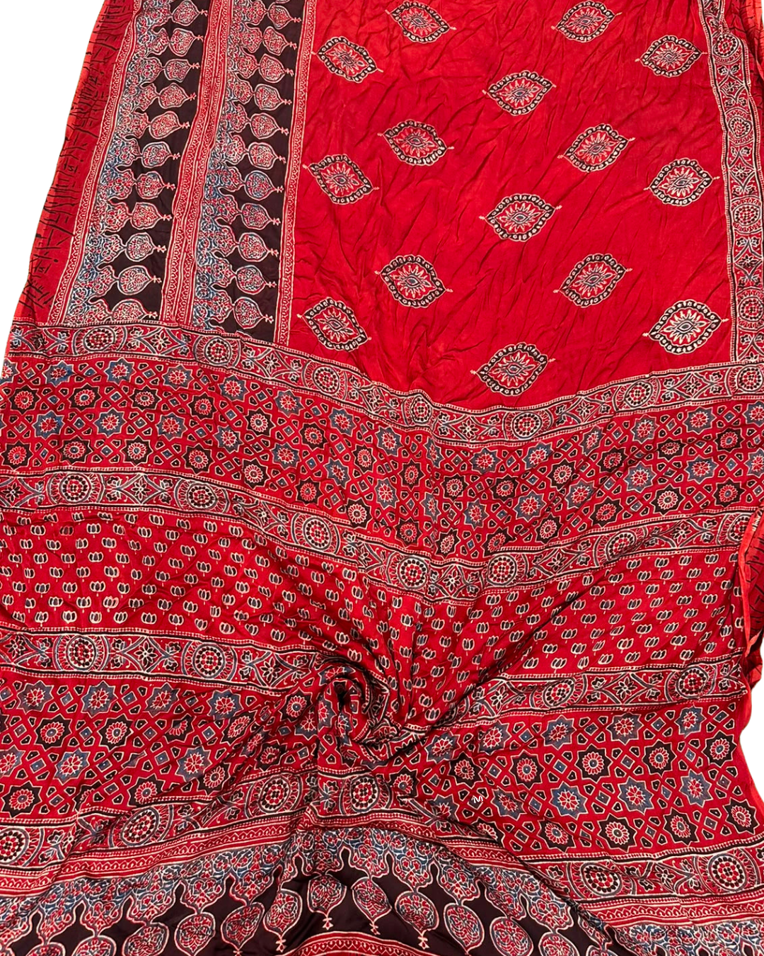 Authentic Ajrakh Hand Block Print Pure Modal Silk Saree with Matching Blouse Piece