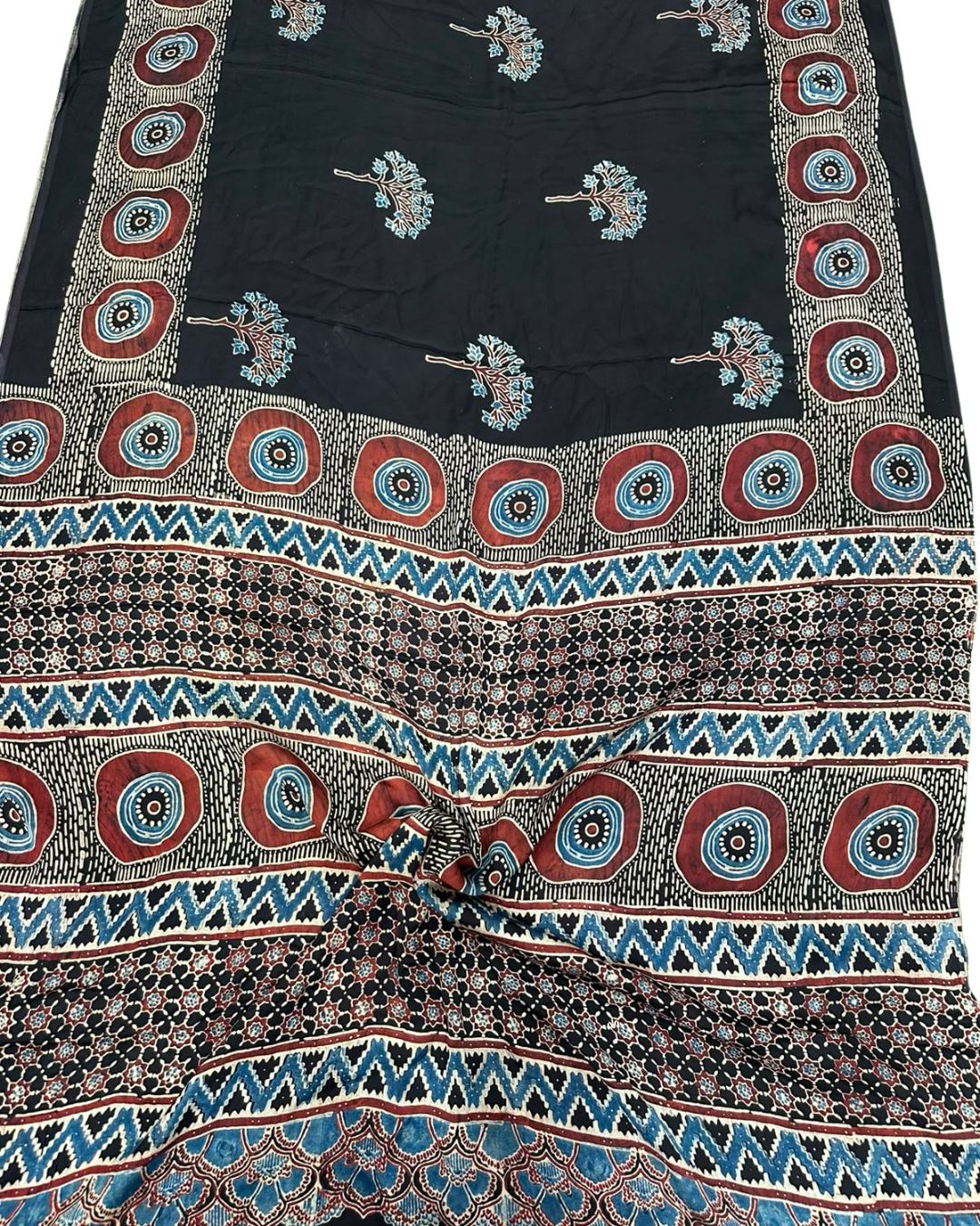 Authentic Ajrakh Hand Block Print Pure Modal Silk Saree with Matching Blouse Piece
