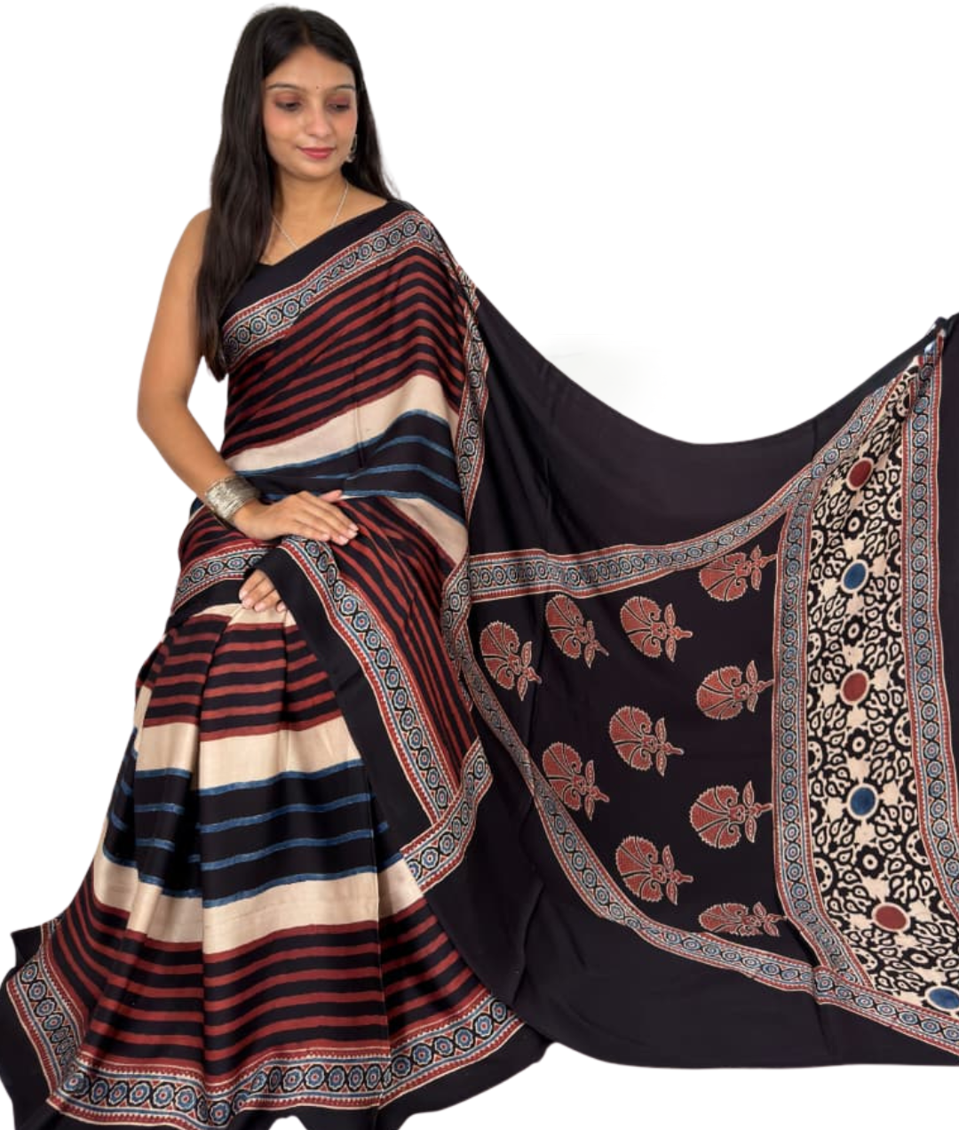 Authentic Ajrakh Hand Block Print Pure Modal Silk Saree with Blouse Piece