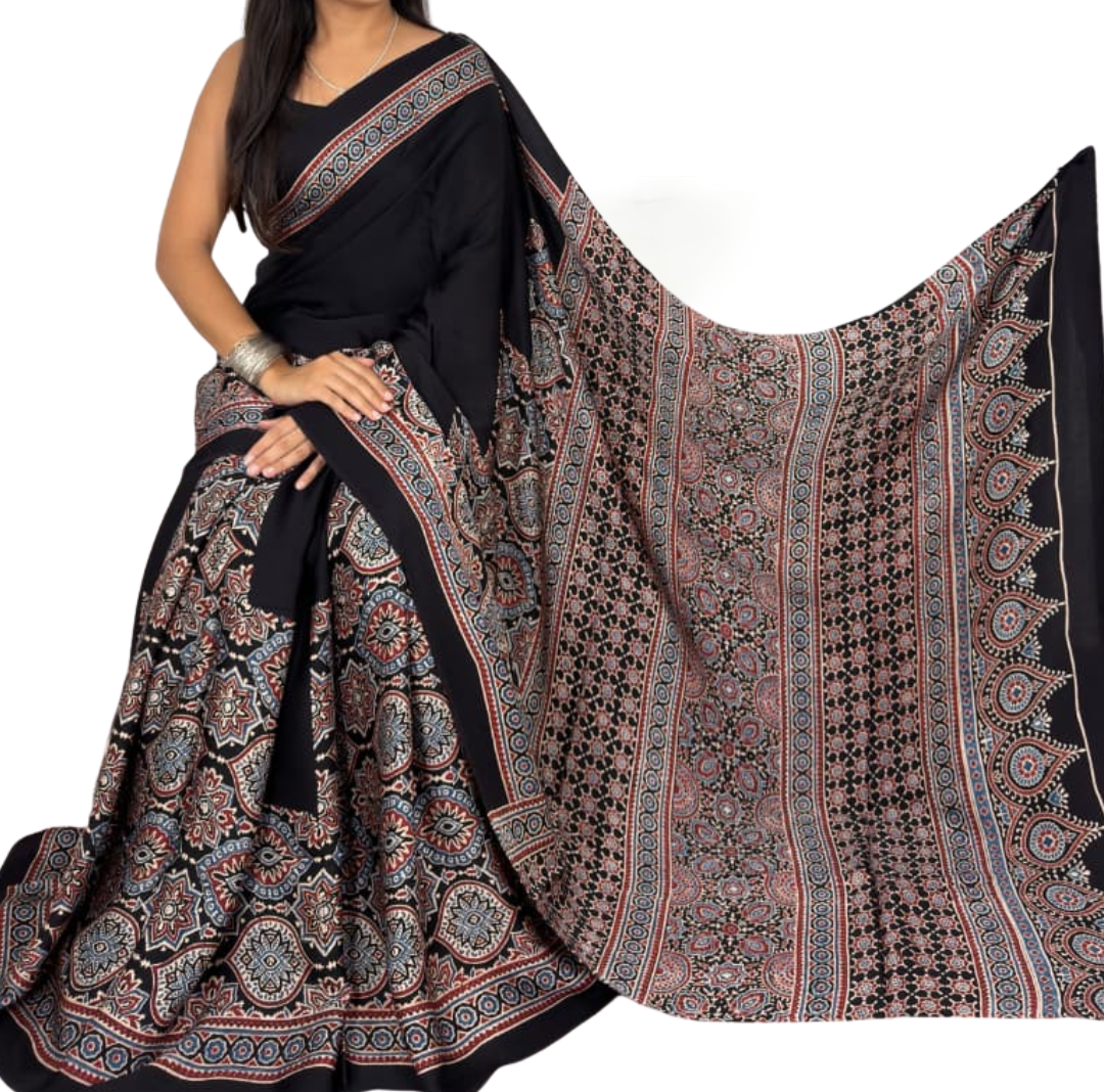 Authentic Ajrakh Hand Block Print Pure Modal Silk Saree with Blouse Piece