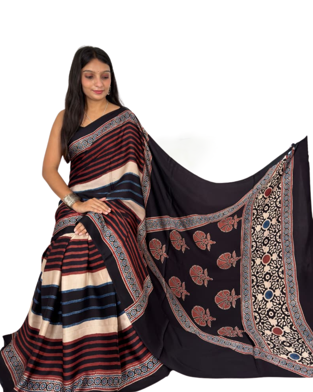 A woman modeling a black saree with horizontal stripes in red, beige, and navy, featuring a detailed floral border and a matching black dupatta with red and beige floral motifs.