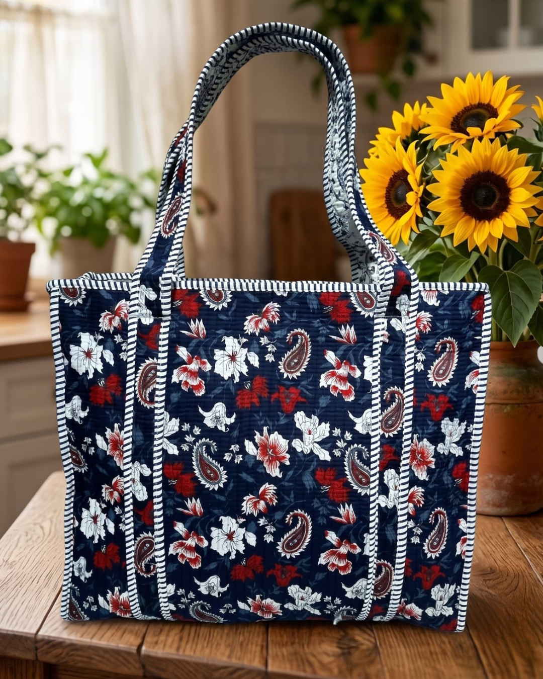 A navy blue quilted tote bag with a red, white, and brown paisley and floral pattern, featuring white braided trim and handles, displayed on a wooden table with sunflowers in the background.