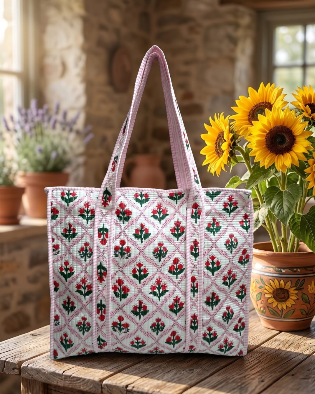 A woven tote bag with a pink and white diamond lattice pattern, decorated with red flowers and green leaves, sitting on a rustic wooden table next to potted sunflowers.