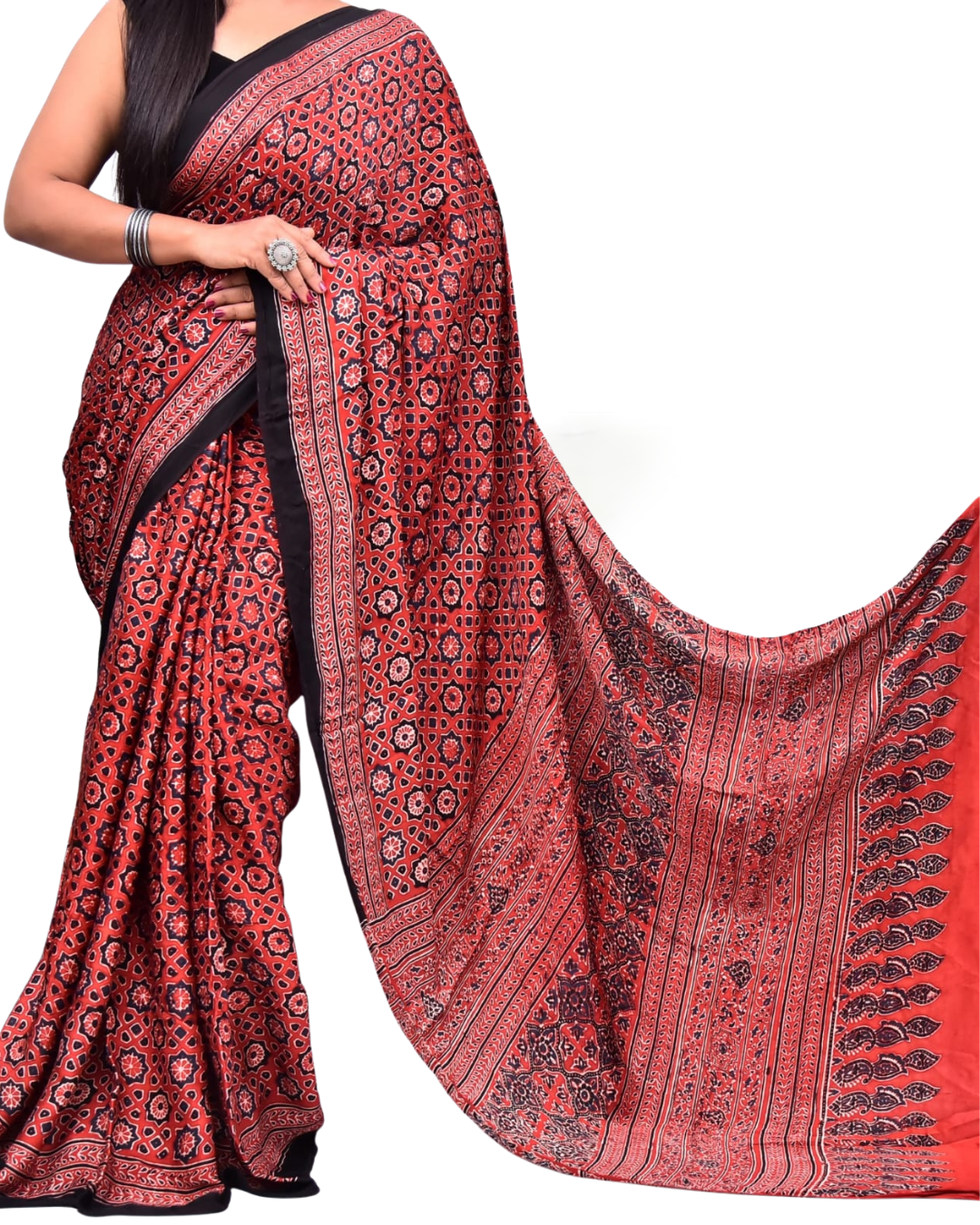 Authentic Ajrakh Hand Block Print Pure Modal Silk Saree with Blouse Piece - Red