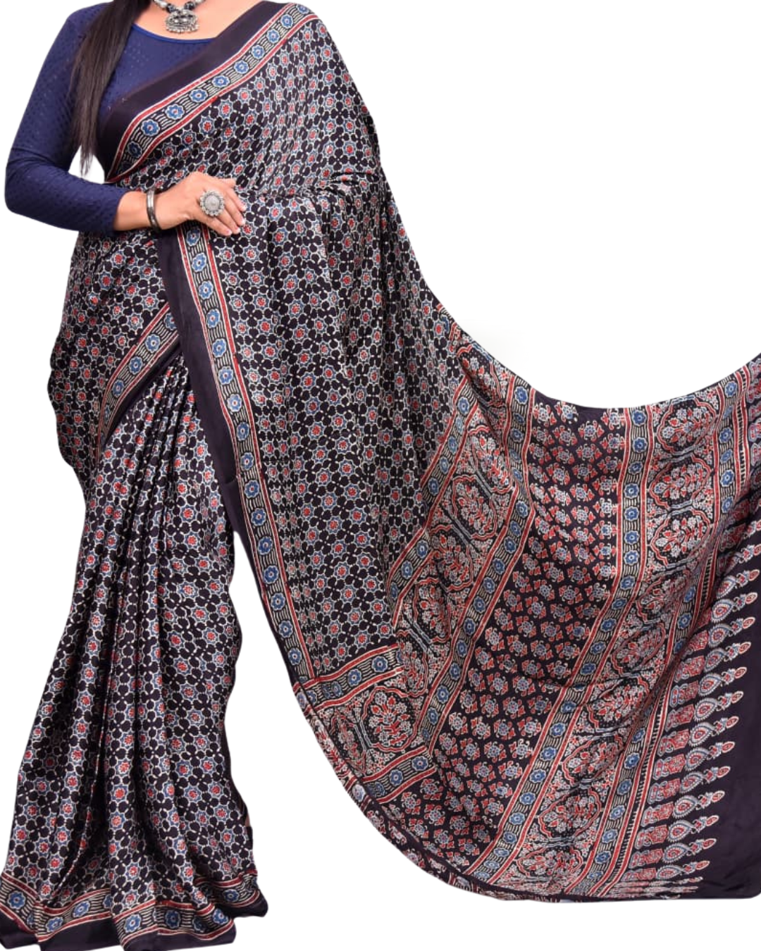 Authentic Ajrakh Hand Block Print Pure Modal Silk Saree with Blouse Piece - Black