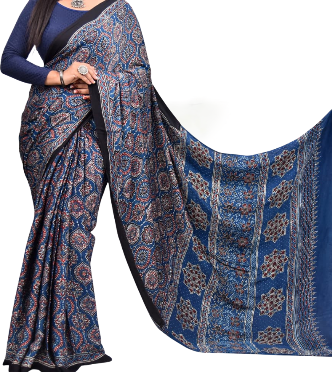 Authentic Ajrakh Hand Block Print Pure Modal Silk Saree with Blouse Piece