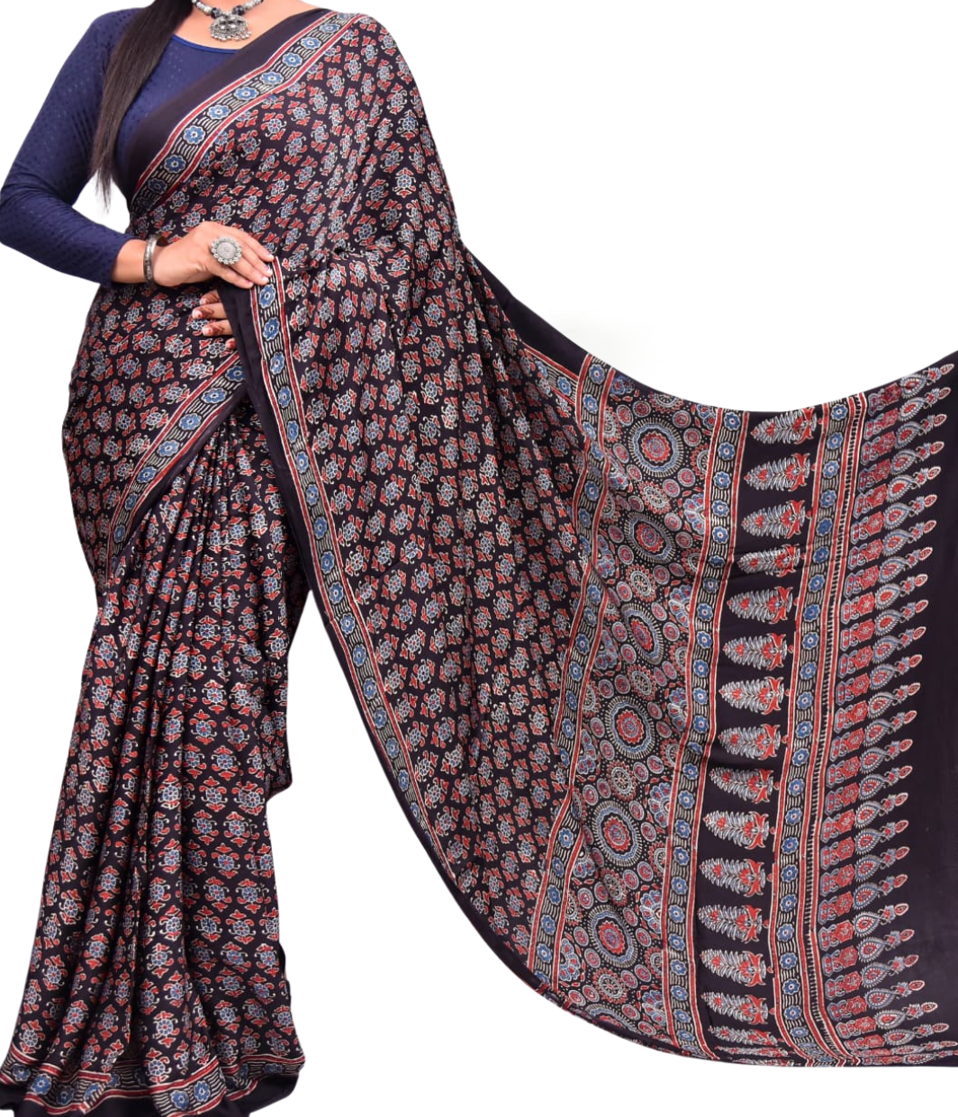 Authentic Ajrakh Hand Block Print Pure Modal Silk Saree with Blouse Piece