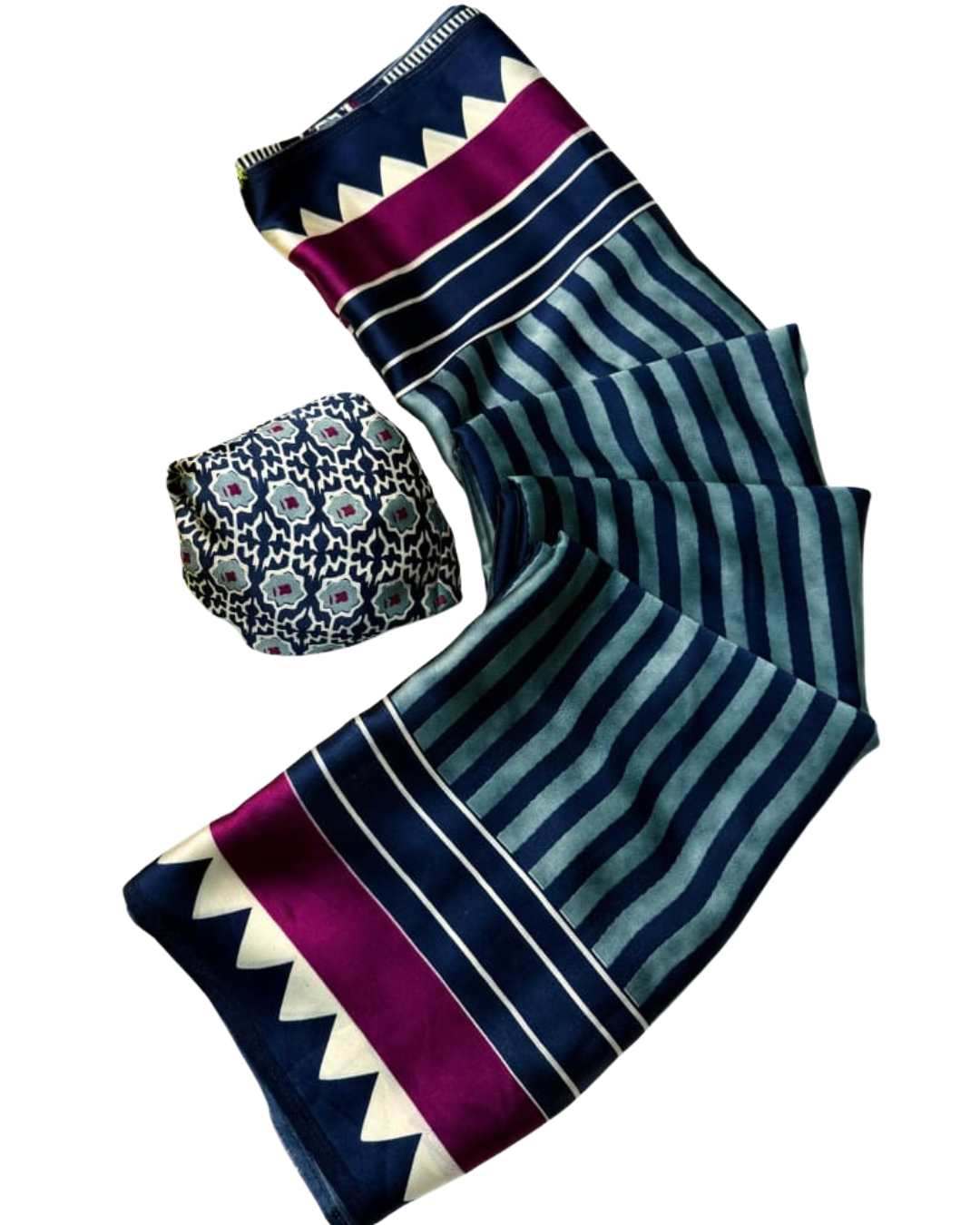 Stripe Pattern Crepe Saree With Contrast Ajrakh Print Blouse Piece