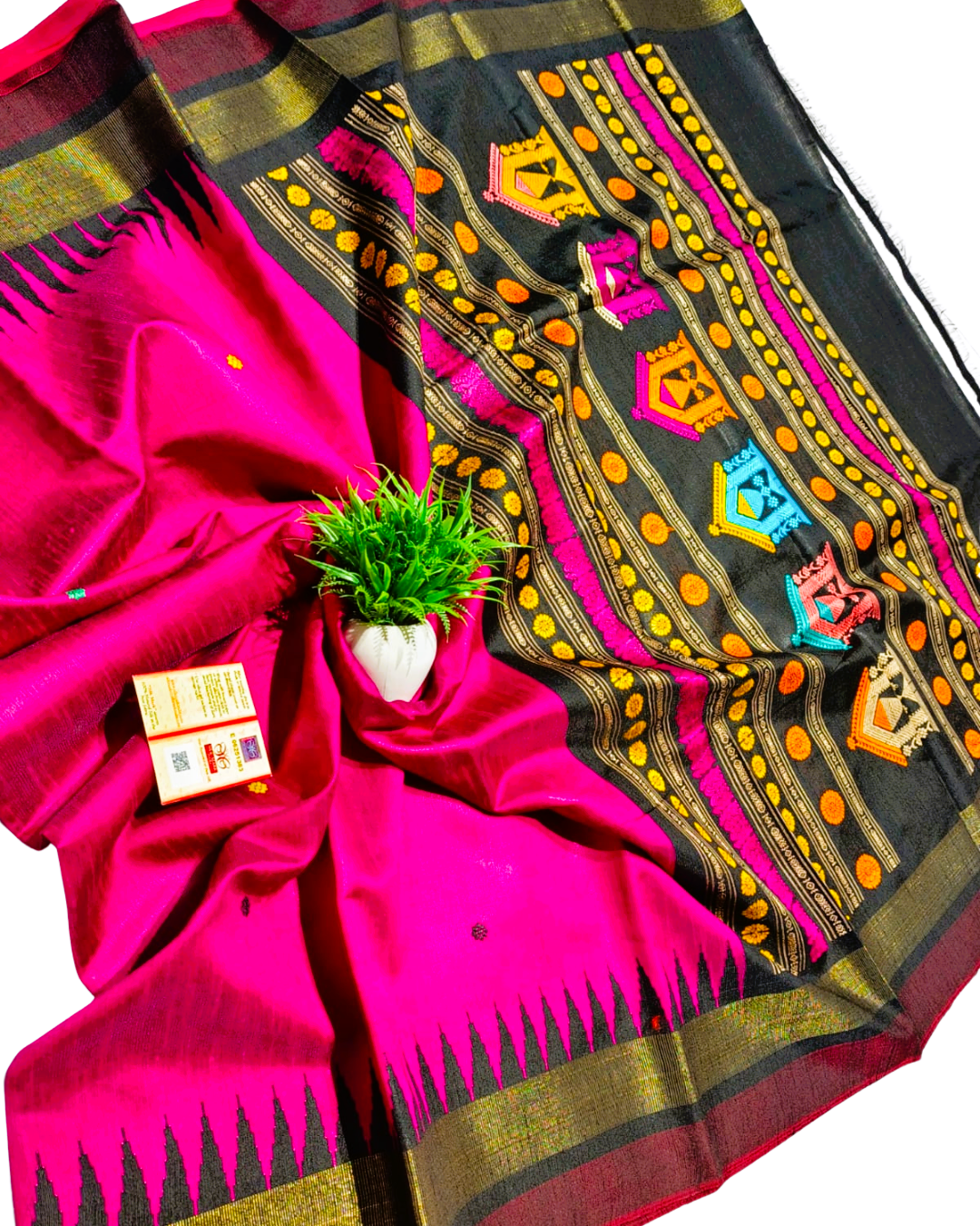 Magenta Pink Pure Raw Silk Chhattisgarh Handloom Dolabedi Pallu Saree