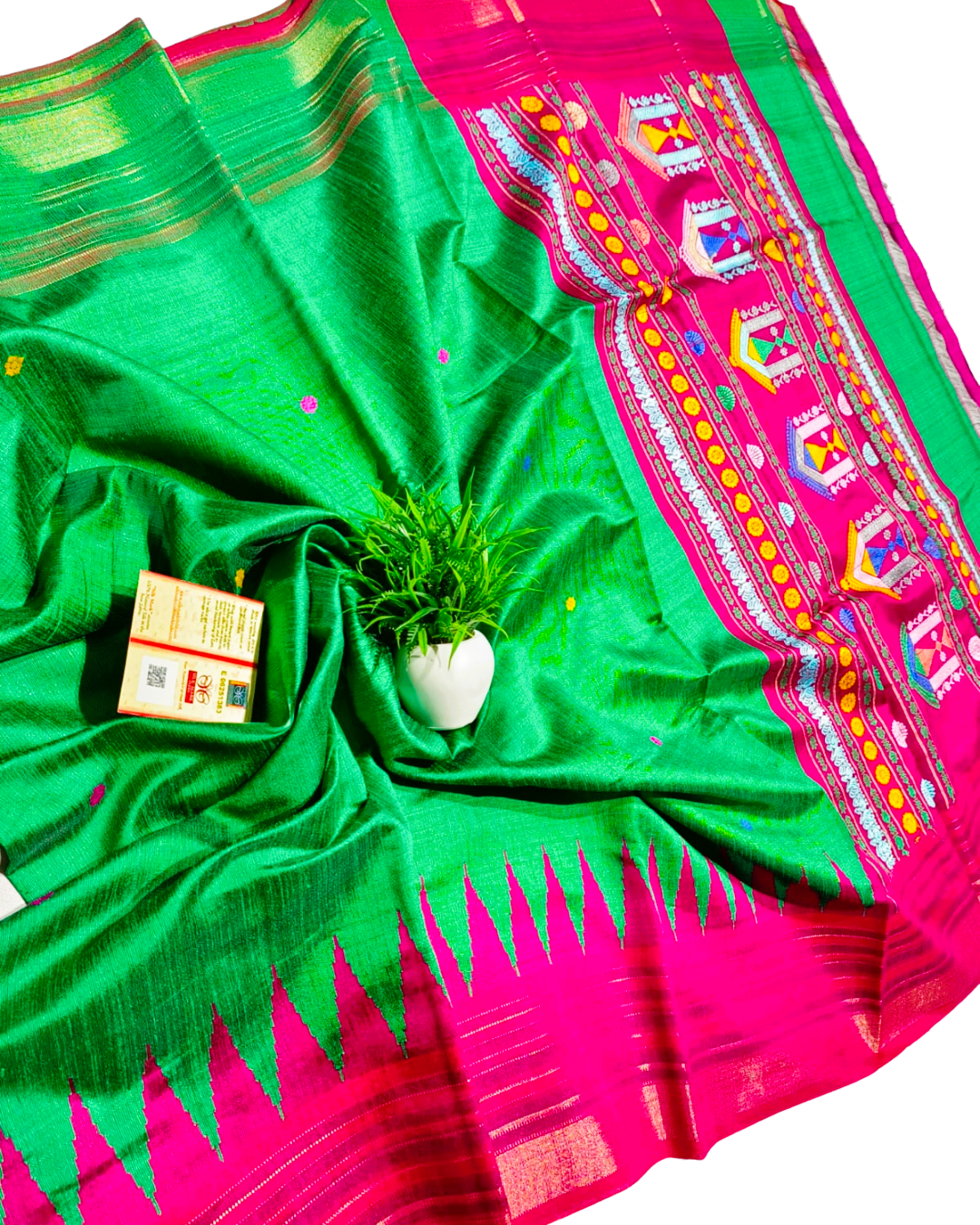 Green with Bright Pink Pure Raw Silk Chhattisgarh Handloom Dolabedi Pallu Saree