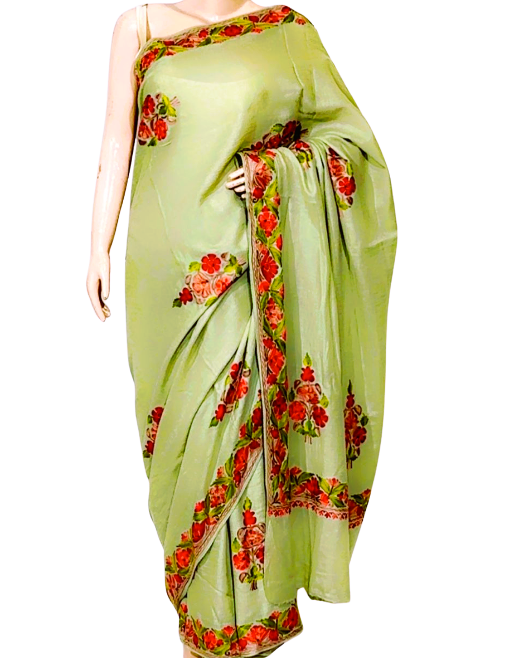 Pastel Green Pure Pashmina Kashmiri Handloom Saree