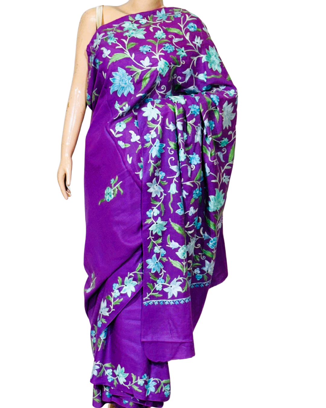 Royal Purple Floral Motif Pure Pashmina Kashmiri Handloom Saree