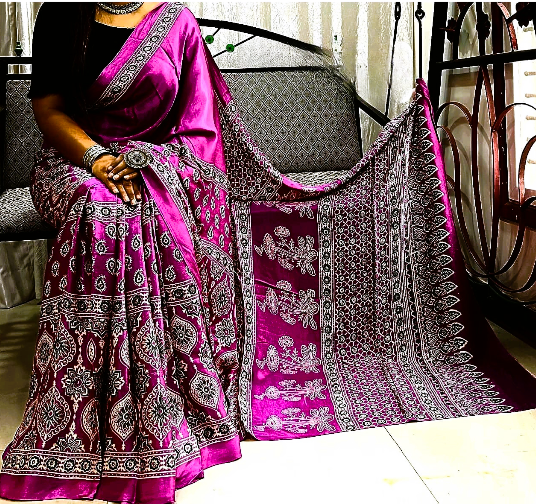 Pure Modal Silk Ajrakh Saree – Natural Dye | Hand-Block Print | Premium Party & Festive Wear