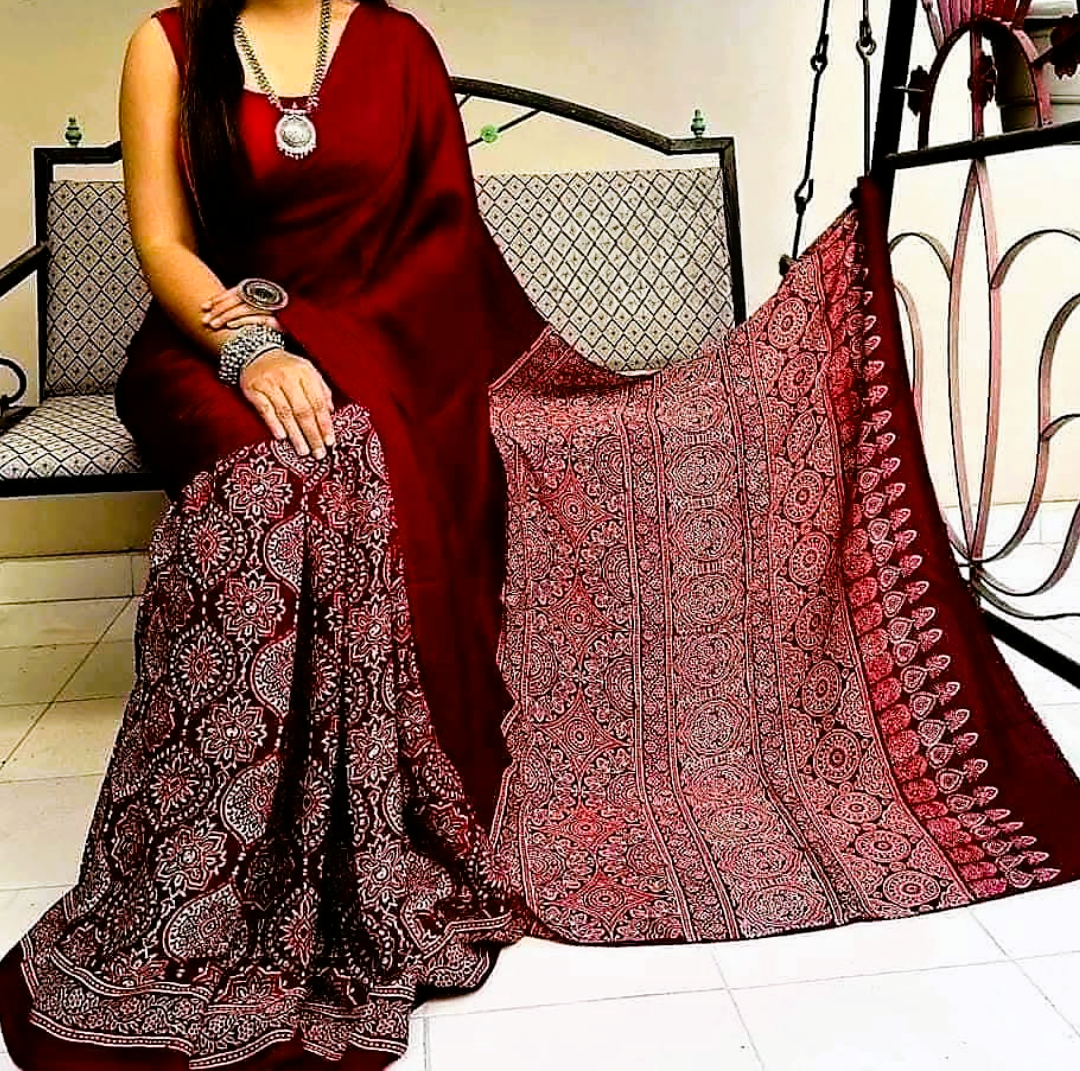 Pure Modal Silk Ajrakh Saree – Natural Dye | Hand-Block Print | Premium Party & Festive Wear