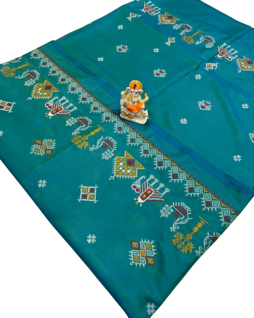 Deep Teal Green Malai Silk Saree with Kasuti Work