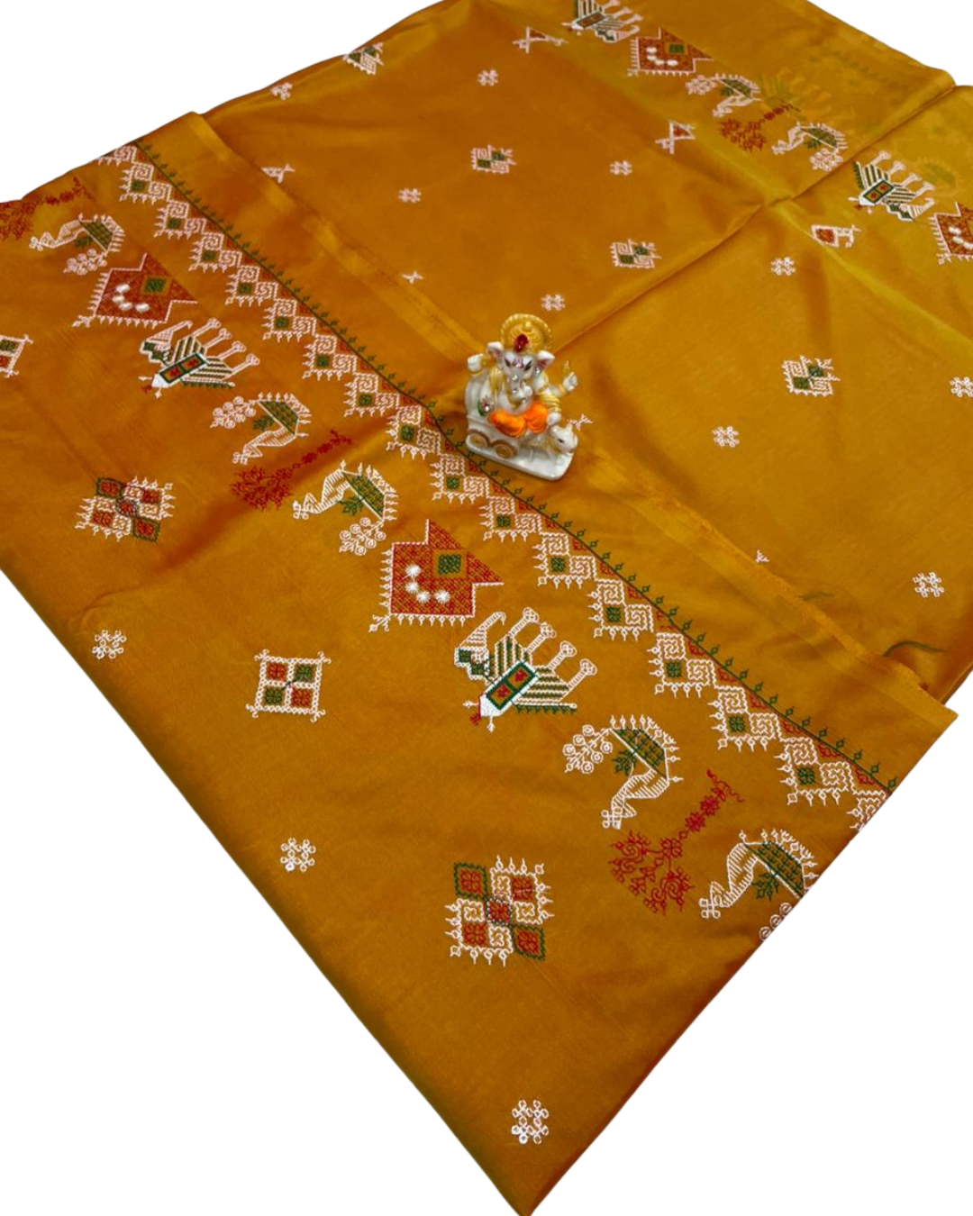 Mustard Yellow Malai Silk Saree with Kasuti Work