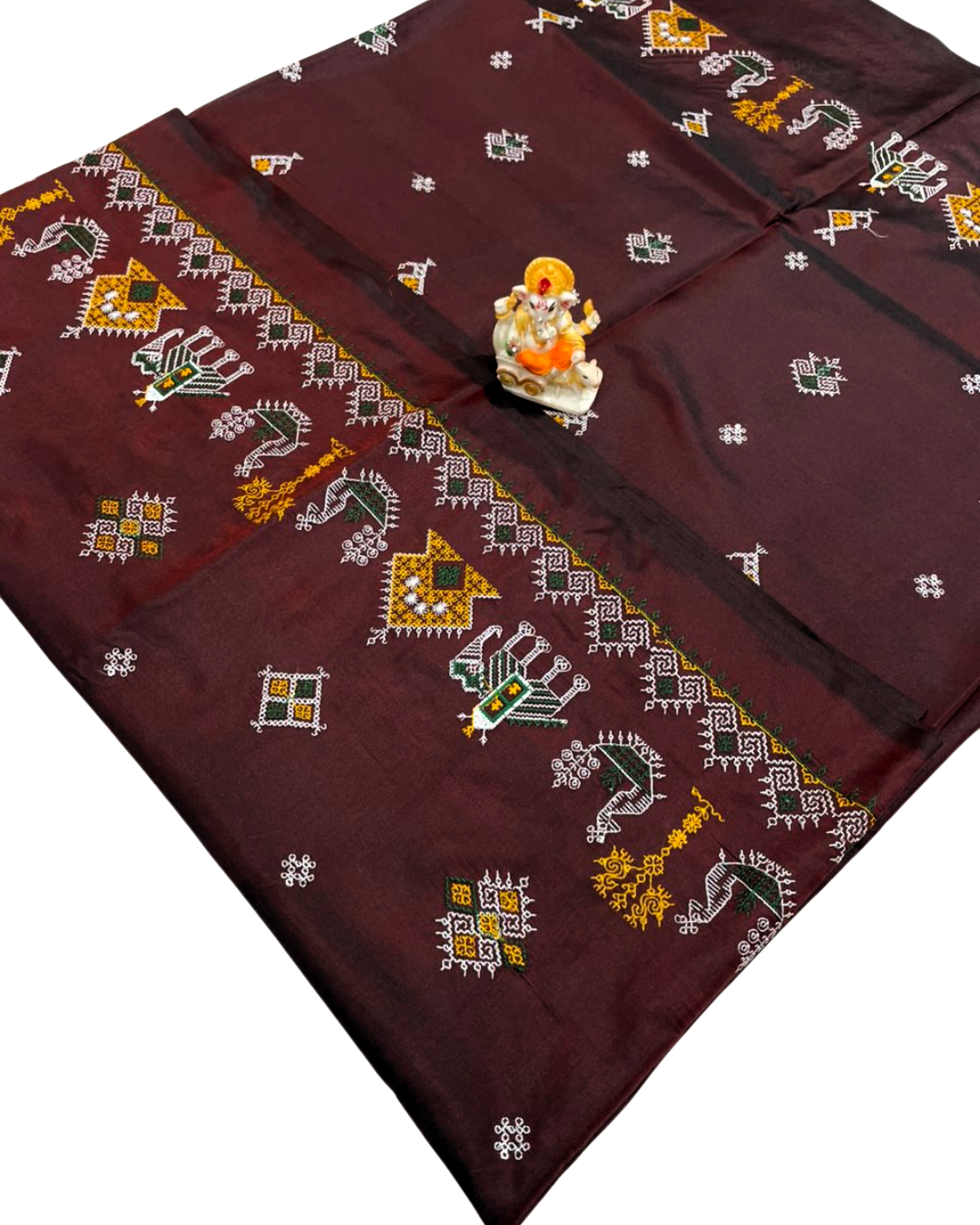 Deep Brown Malai Silk Saree with Kasuti Work