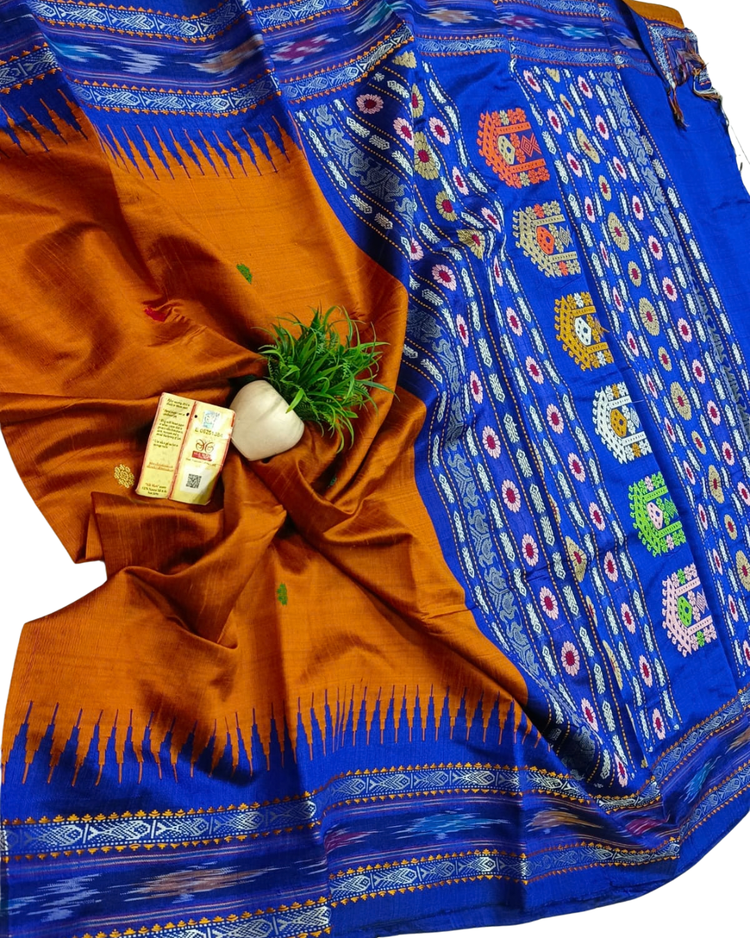 Chhattisgarh Pure Raw Silk Handloom Ikat Saree with Vidarbha Border & Dolabedi Pallu