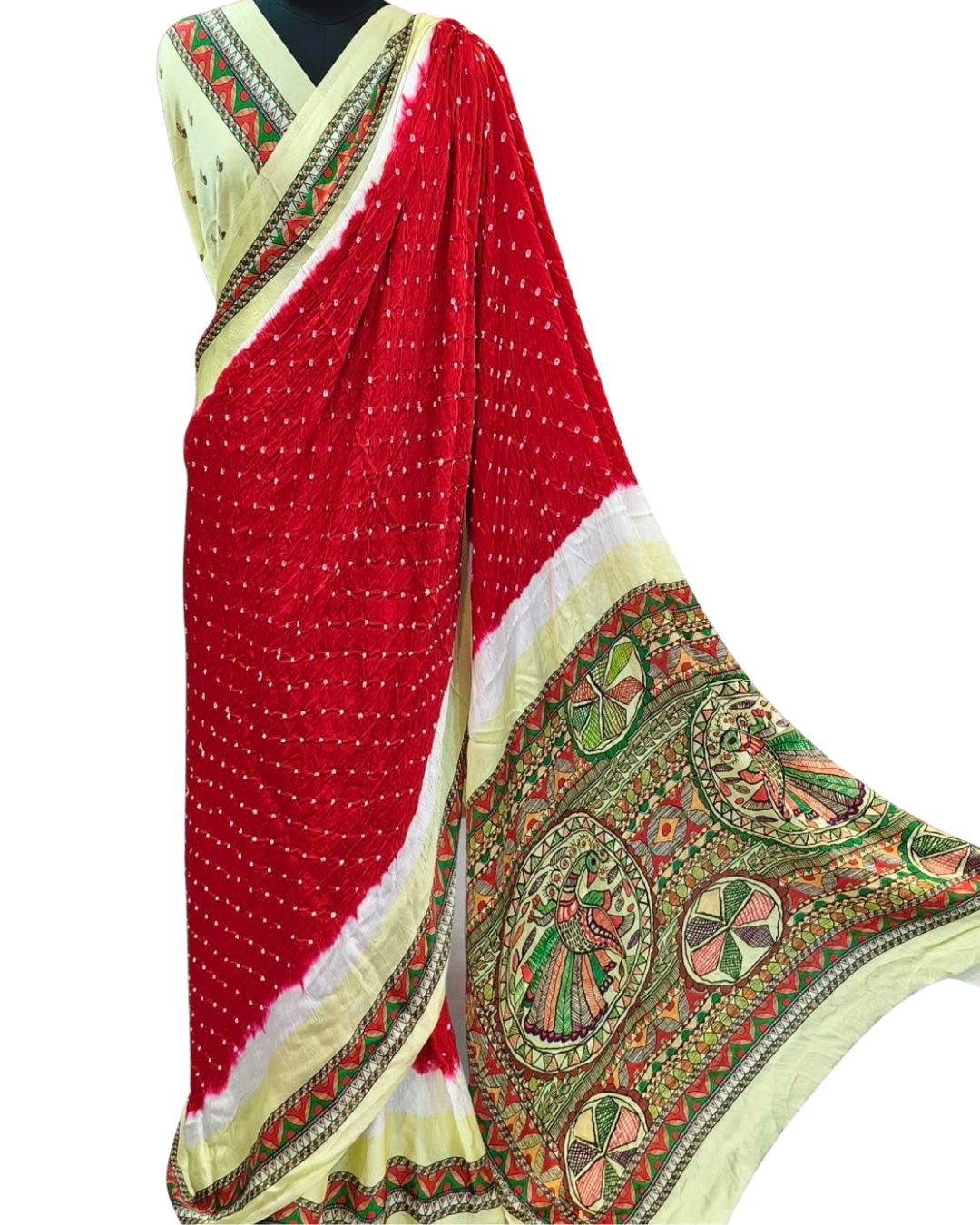 Red Bandhani-Style Modal Saree with Kalamkari-Style Pallu & Blouse Piece