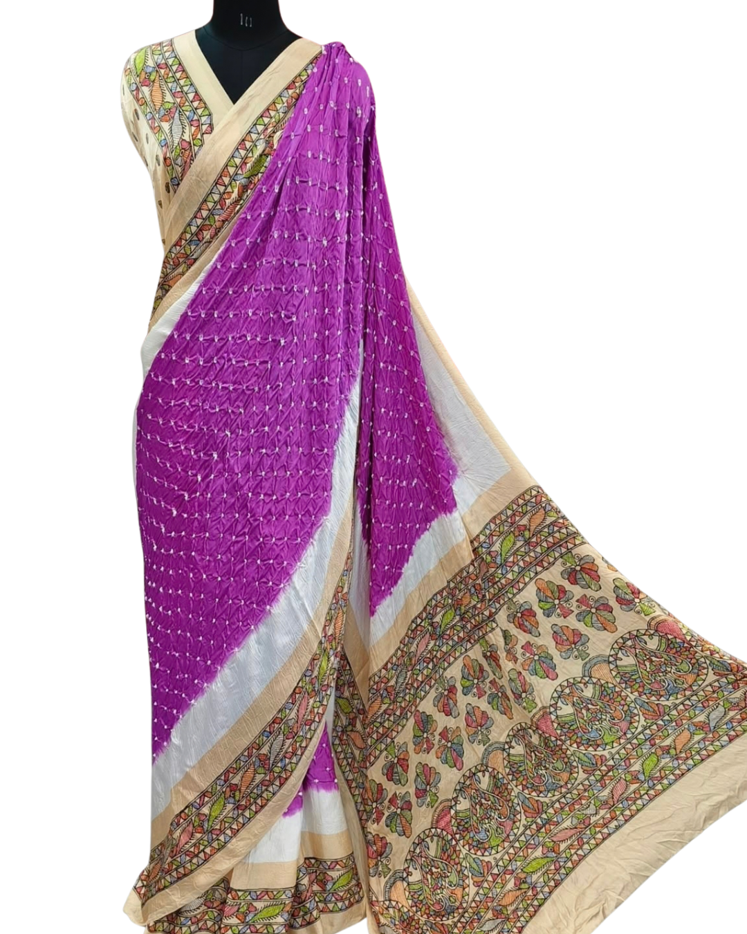 Red Bandhani-Style Modal Saree with Kalamkari-Style Pallu & Blouse Piece
