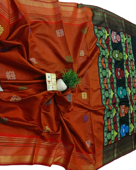Pure Raw Silk Dolabedi Handloom Saree with All-Over Booti – Chhattisgarh