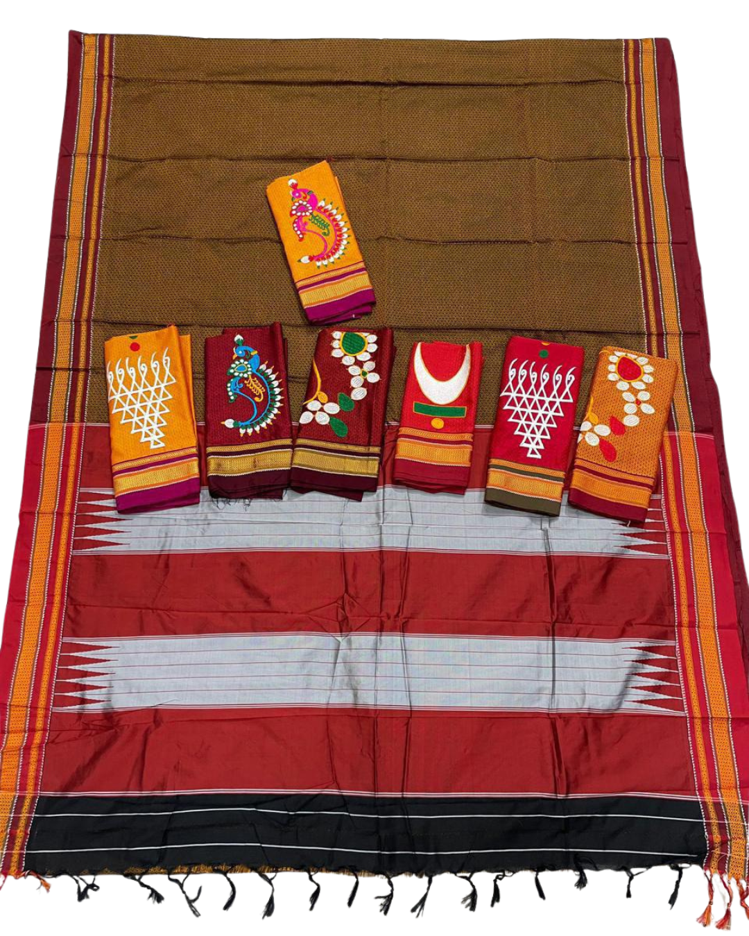 Rust Brown and Maroon  Resham Blend Maharashtrian Khun Saree With Nath Blouse Piece