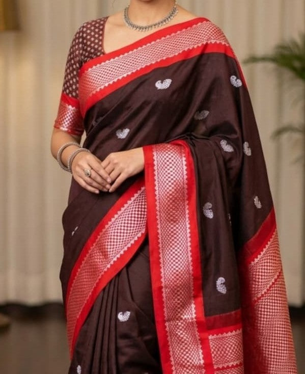 Coffee Brown Silk Saree | Red & Silver Zari Border | Silver Paisley Butta