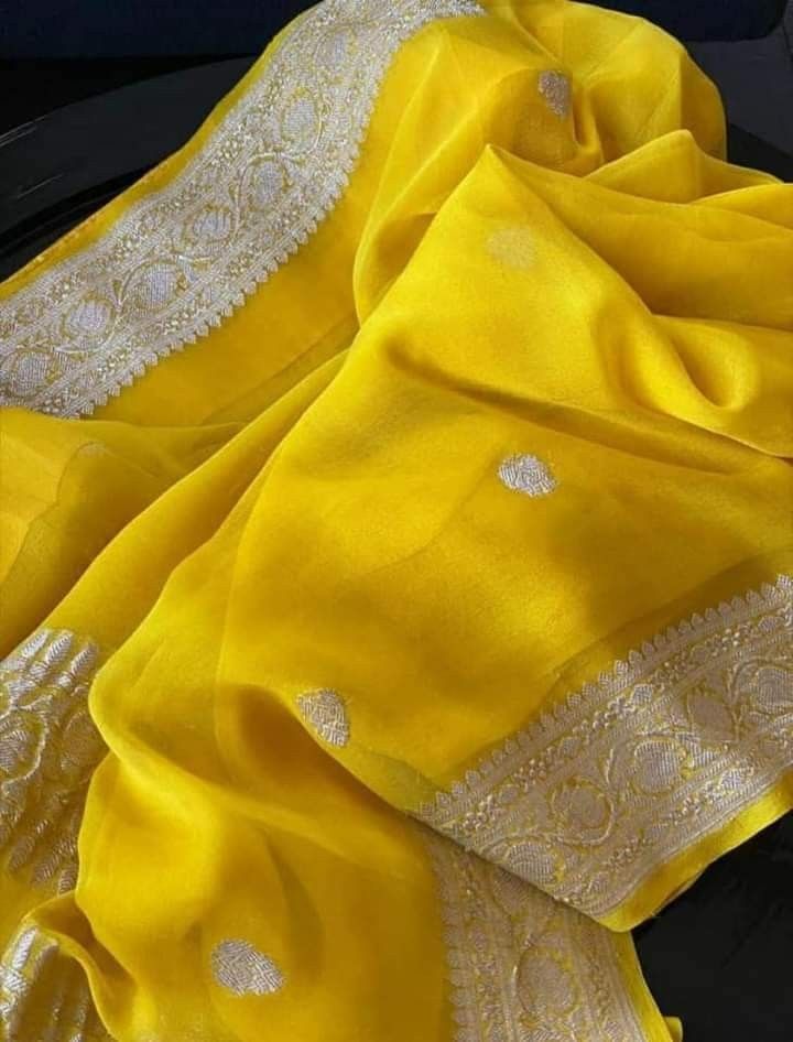 Authentic Banarasi Khaddi Georgette Handloom Saree | Silver Zari Butta | Silk Mark Certified