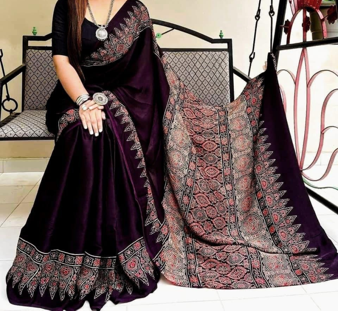 Coffee Color Ajrakh Handblock Print Pure Modal Silk Saree
