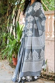 Dusty Grey Pure Cotton Mul Saree | Natural Eco-Friendly Colors