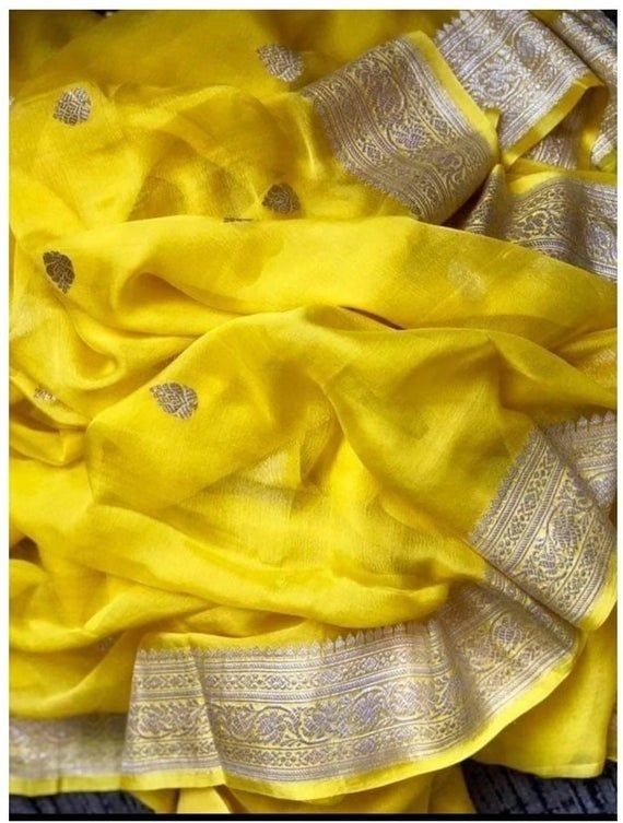 Authentic Banarasi Khaddi Georgette Handloom Saree | Silver Zari Butta | Silk Mark Certified