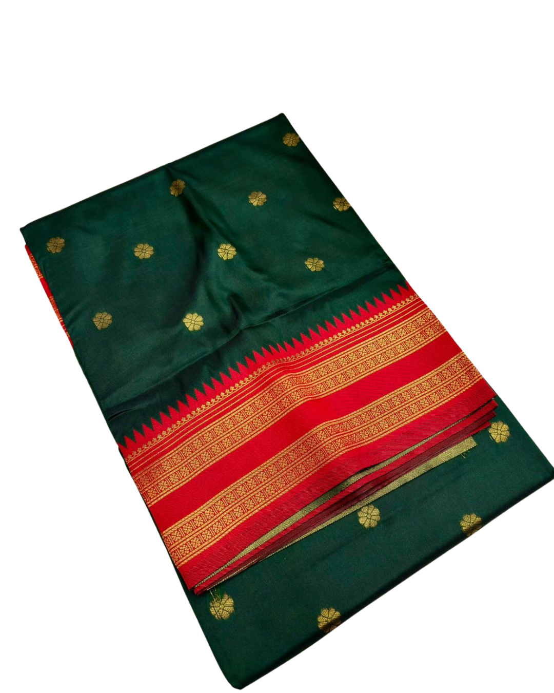 Bottle Green With Rich Red & Gold Zari Border Narayanpet Silk Saree
