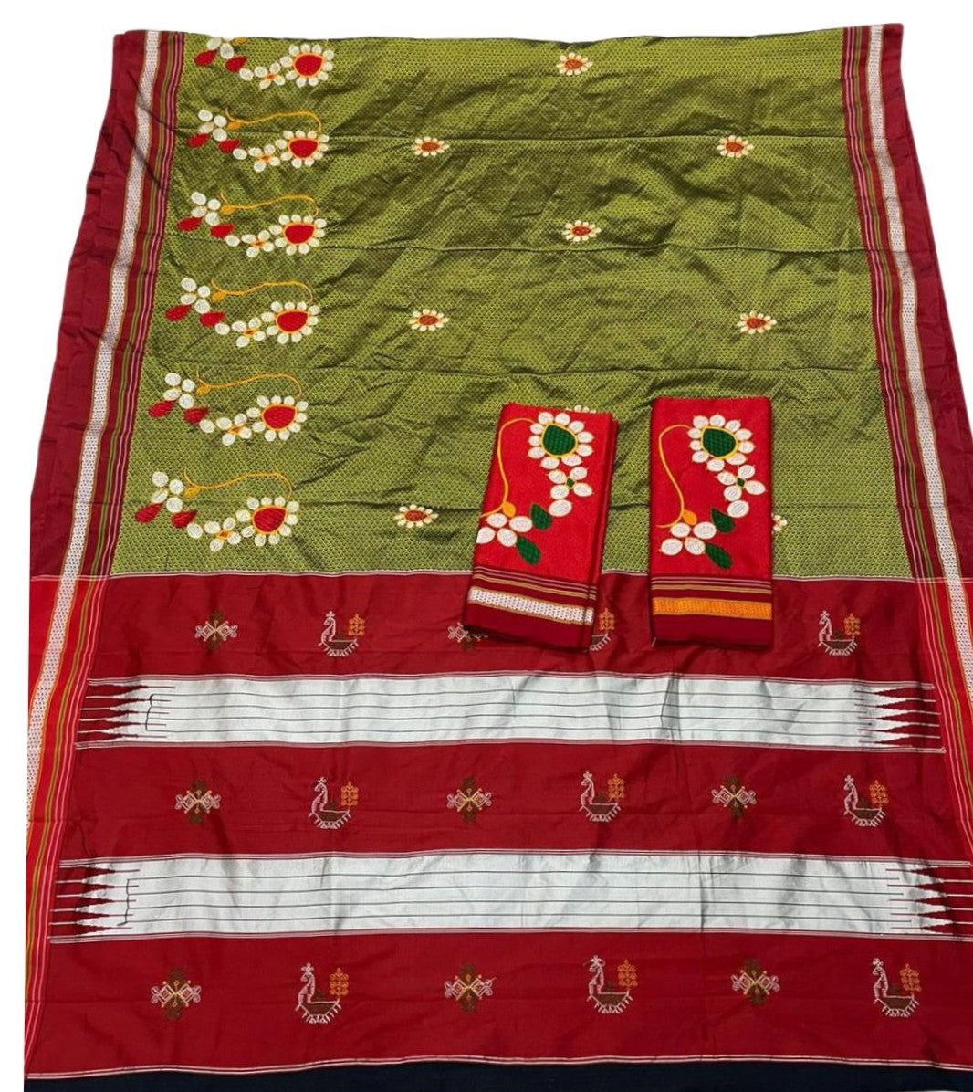 Olive Green Resham Khan Maharashtrian Saree With Nath Motif Contrast Blouse Piece