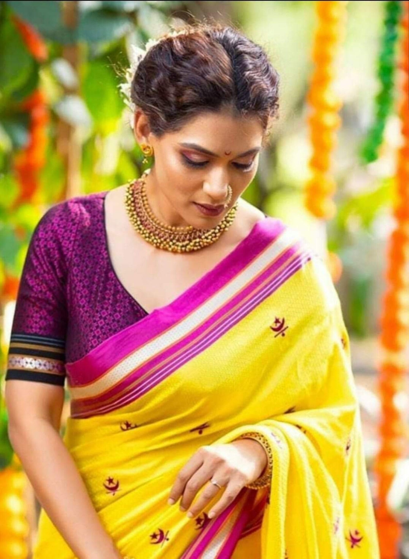 Bright Yellow Resham Khan Saree With Being Woman Blouse Piece