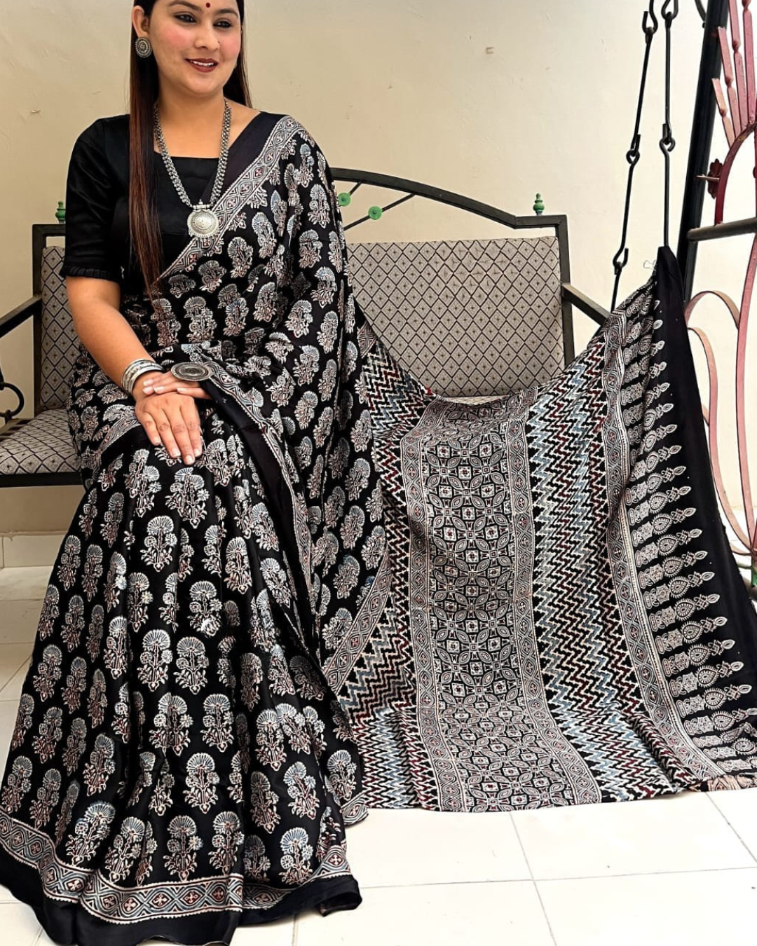 Authentic Ajrakh Pure Modal Silk Saree – Black | Natural Vegetable Dyed Hand Block Print