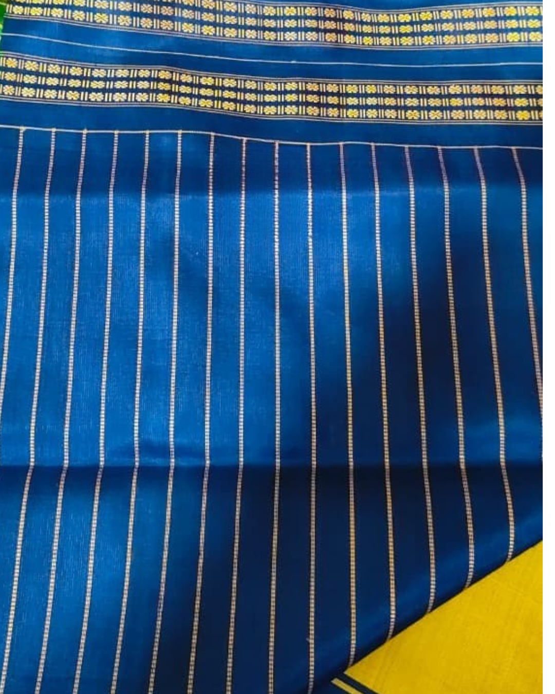 Exclusive Berhampuri Double Pallu Silk Saree | Yellow with Royal Blue | Contrast Striped Blouse