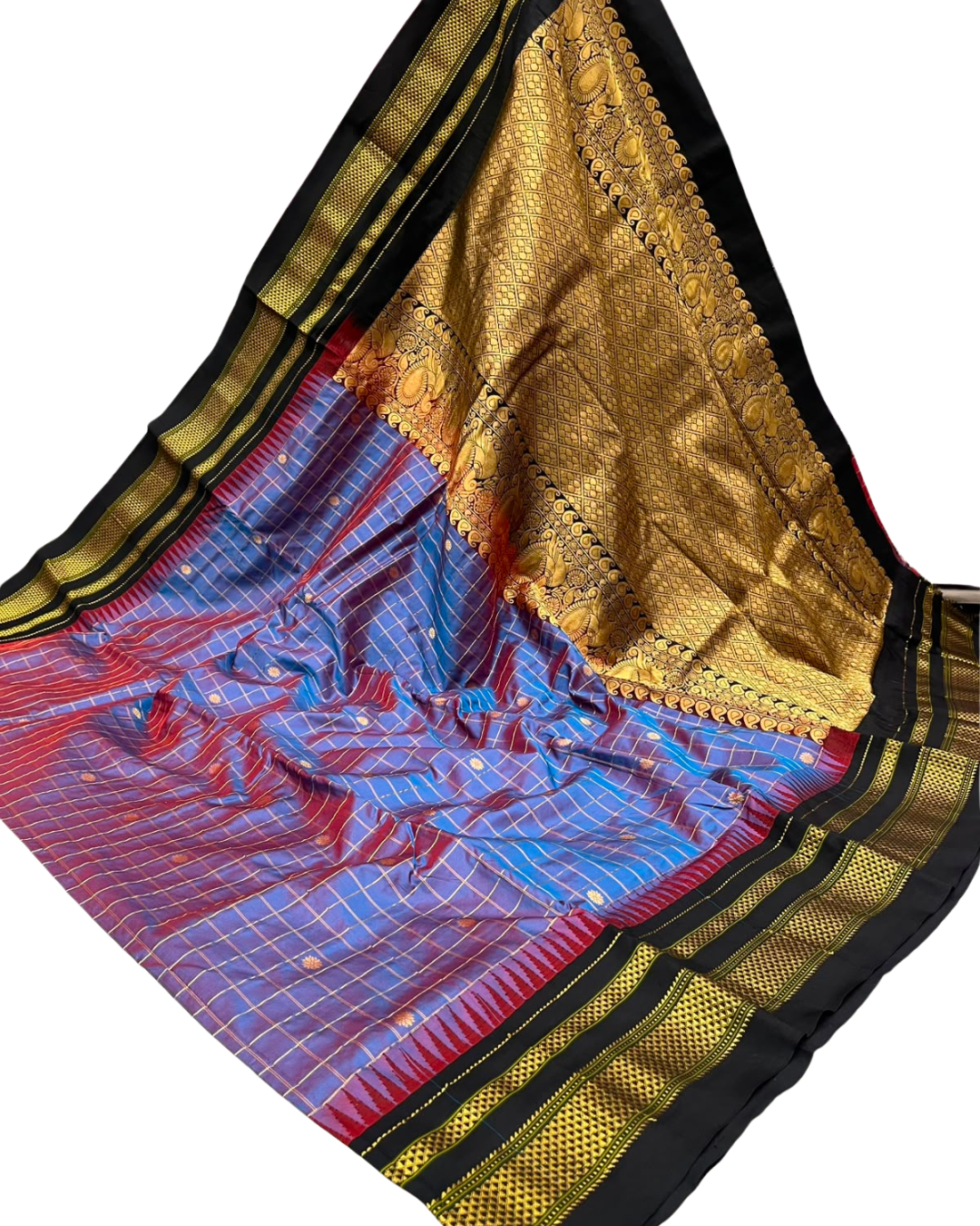 A traditional Indian silk saree with a blue and red patterned body, a golden-yellow zari-embellished border, and a black border with gold stripes.