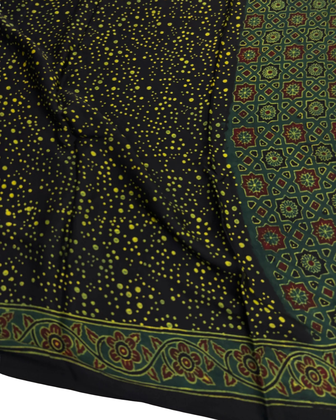 Authentic Ajrakh Hand Block Print Pure Modal Silk Saree with Blouse Piece – Green