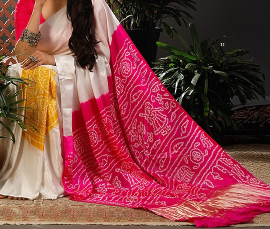 Pure Gaji Silk Rasmandal Bandhani Saree | Fine & Rai Bandhej Saree from Gujarat