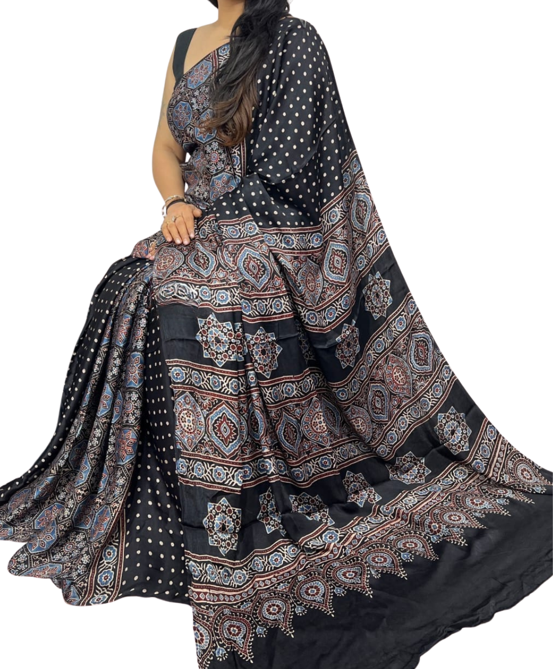 Authentic Ajrakh Hand Block Print Pure Modal Silk Saree with Blouse Piece