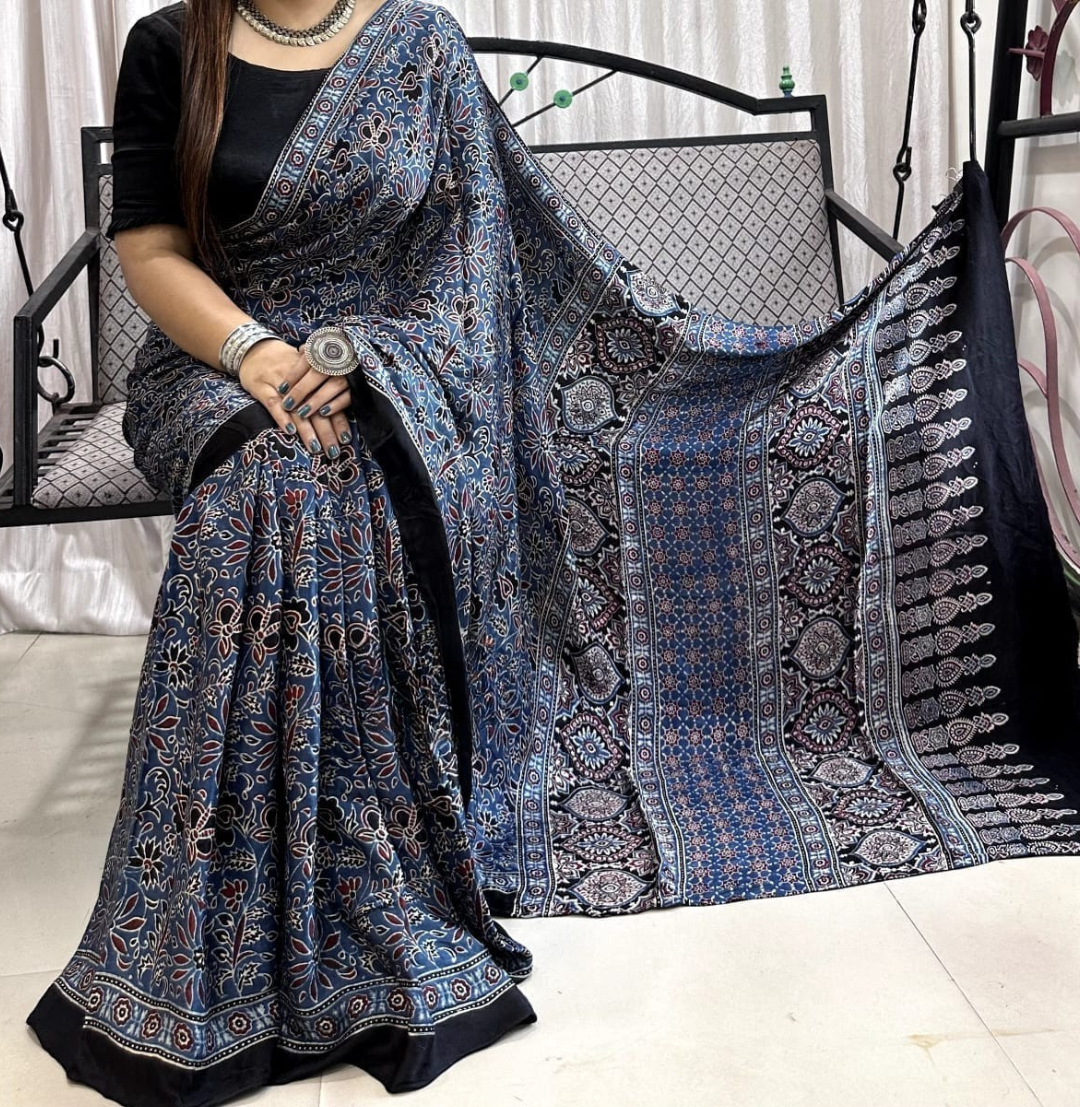 Authentic Ajrakh Pure Modal Silk Saree – Indigo Blue | Natural Vegetable Dyed Hand Block Print