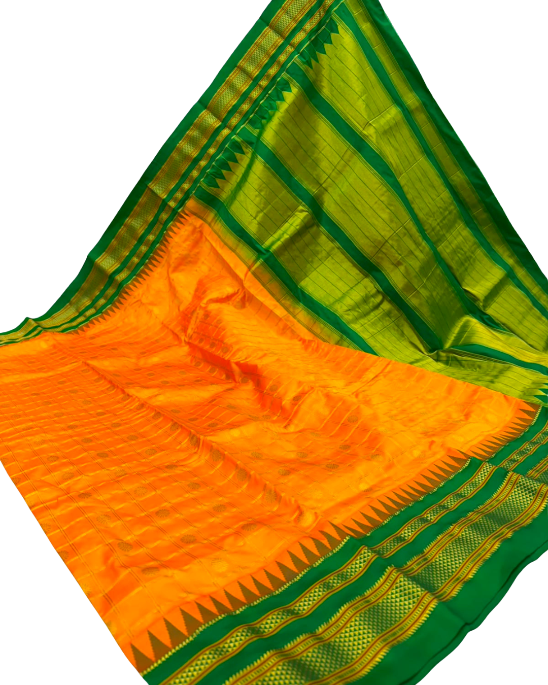 A vibrant orange and lime green silk saree with detailed gold and green borders, displayed diagonally on a white background.