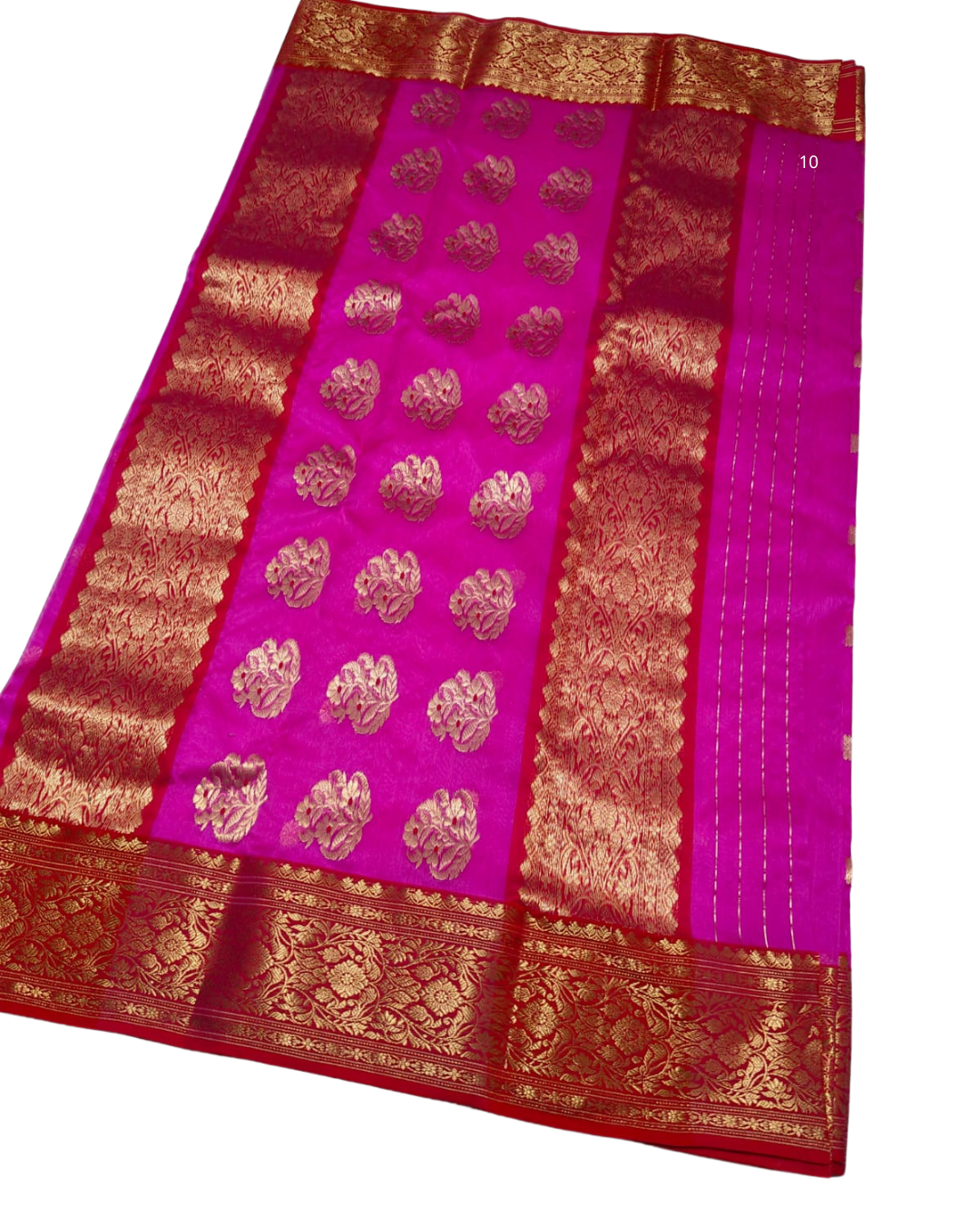 A magenta pink Banarasi silk saree with intricate gold zari woven floral motifs and borders, displayed flat against a white background.