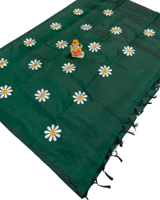 Malai Silk Saree with Sunflower Embroidery & Tassel Pallu