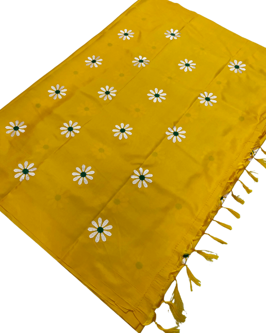 Malai Silk Saree with Sunflower Embroidery & Tassel Pallu