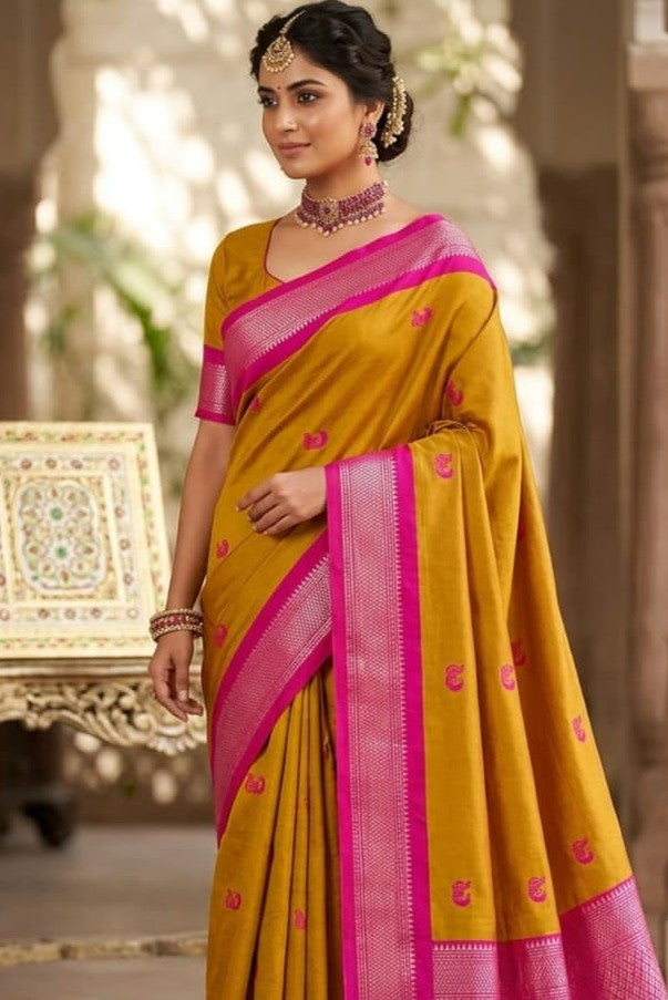 Mustard Yellow Silk Saree | Magenta Pink Zari Border | Pink Butta