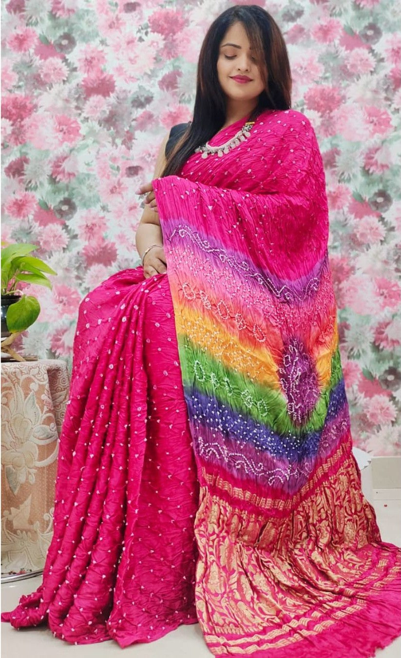 Kutchi Bandhani Work Multicolor Pallu Designer Saree