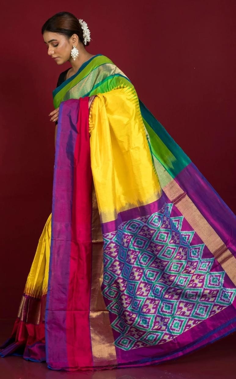 A woman models a vibrant multicolor silk saree with yellow, magenta, green, and purple sections, featuring intricate geometric patterns on the border against a dark red background.