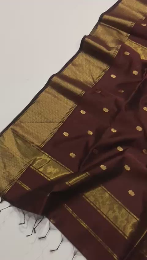 Coffee Brown Pure Maheshwari Handloom Butti Saree with Big Golden Border