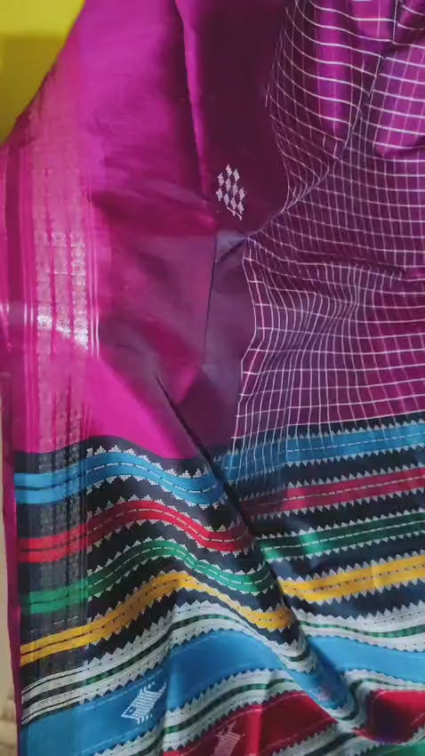 Vibrant Magenta Checkered Pallu Multicolored Border Berhampuri Mulberry Silk Saree